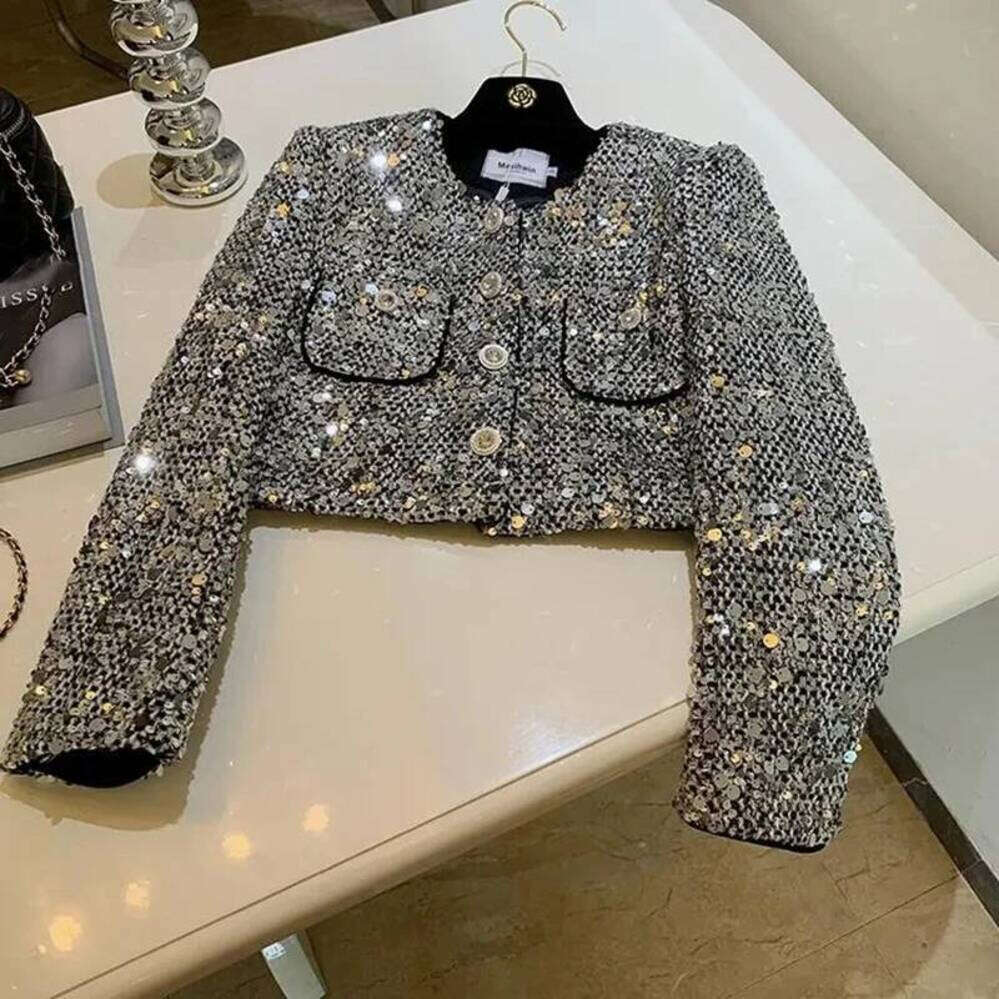 ZHE HAN Elegant Sequins Tweed Women Jackets Spring New Long Sleeve Casual Female Coat Y2k Korean Chic All Match Dance Party Lady Outwear