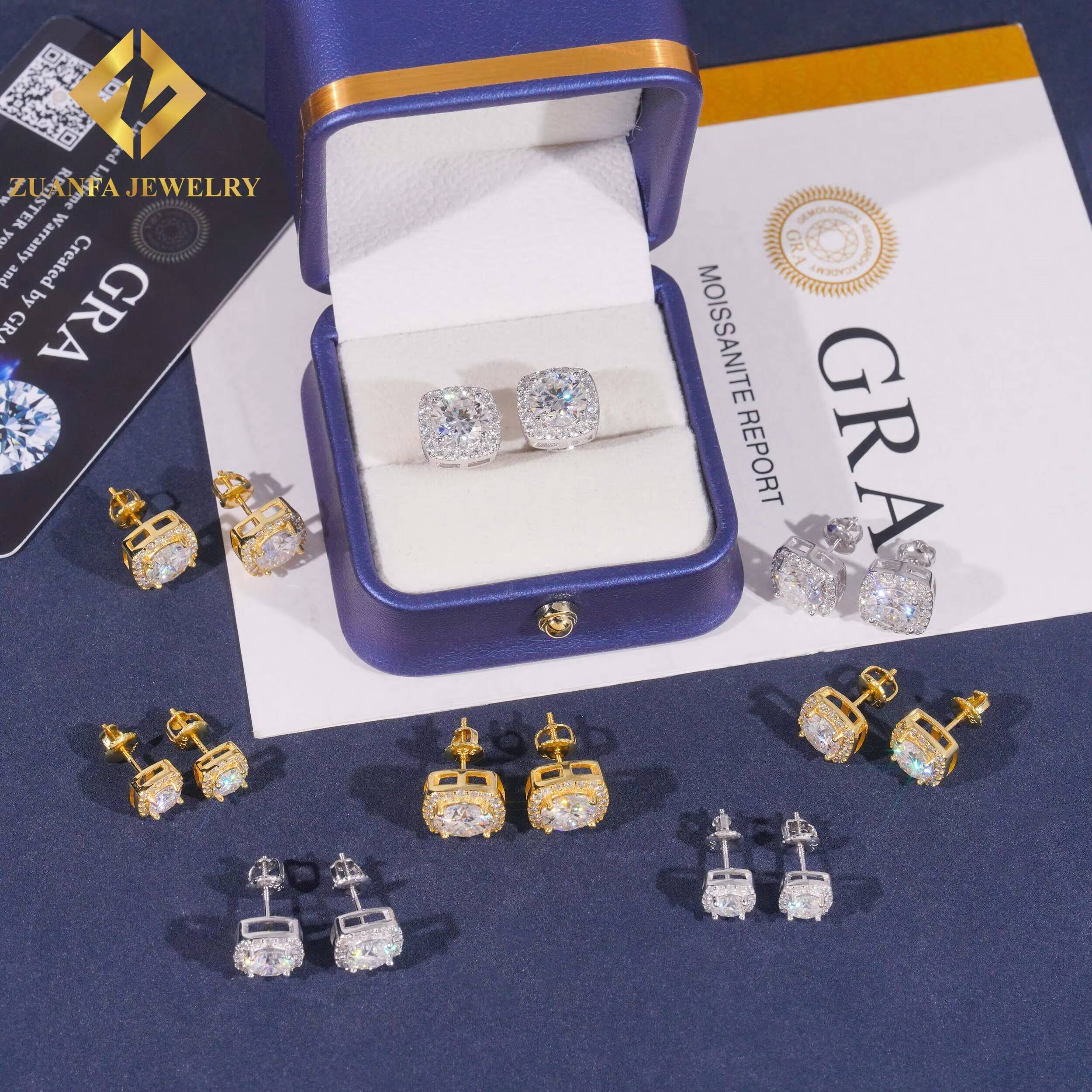 Ready Stock Fast Delivery 925 Sterling Silver VVS Moissanite Square Halo Stud Earrings Factory Wholesale White Gold Plated