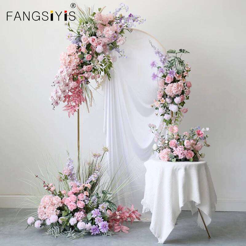 Luxur pink Rose artificial row wedding background decoration moon shape horn table flower Displays Props W260130