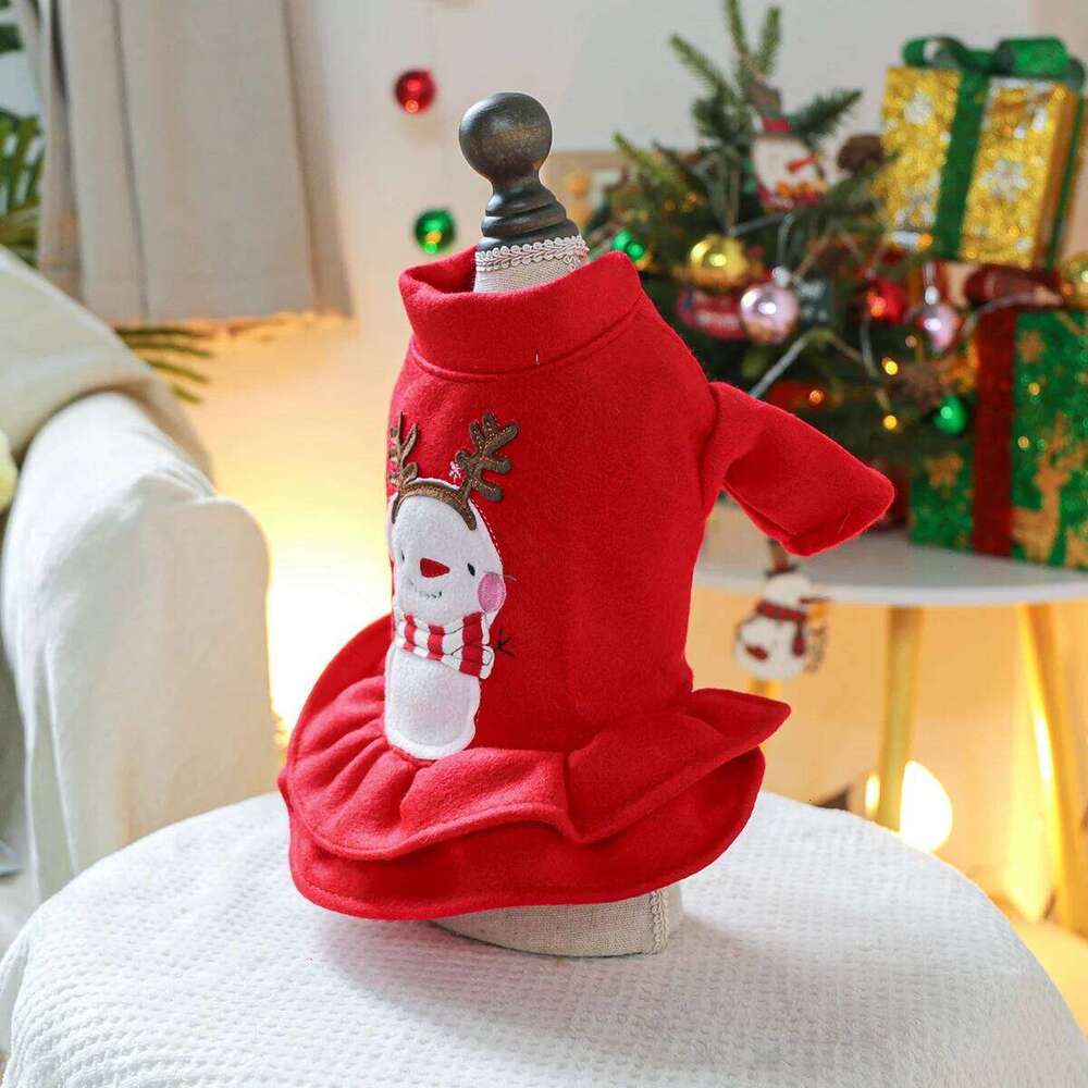 1PC Pet Clothes Dog Cat Autumn Thickened Warm Red Christmas Style Dress H260129
