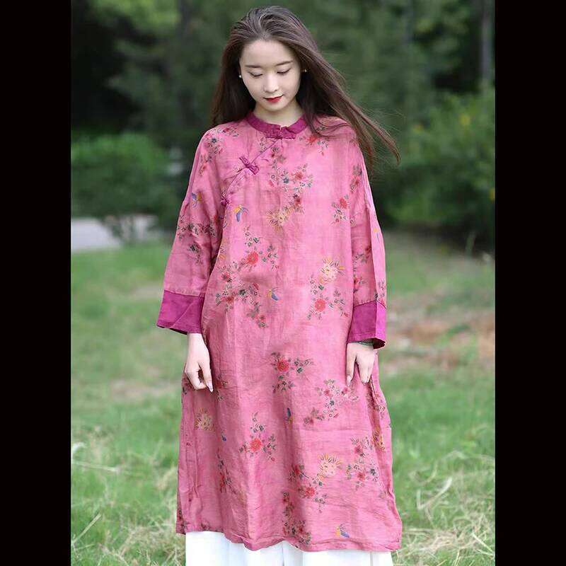Spring Summer New Chinese Style Women Improved Qipao Long Dress Vintage Print Ramie A-Line Loose Dresses Good Quality Tj47