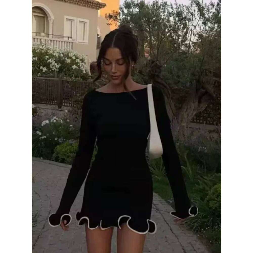 Knit Black Mini Women Autumn Long Sleeve Ruffled 2024 Fashion Elegant Party Dress Commute Female Short Sweater Dresses XJ260130
