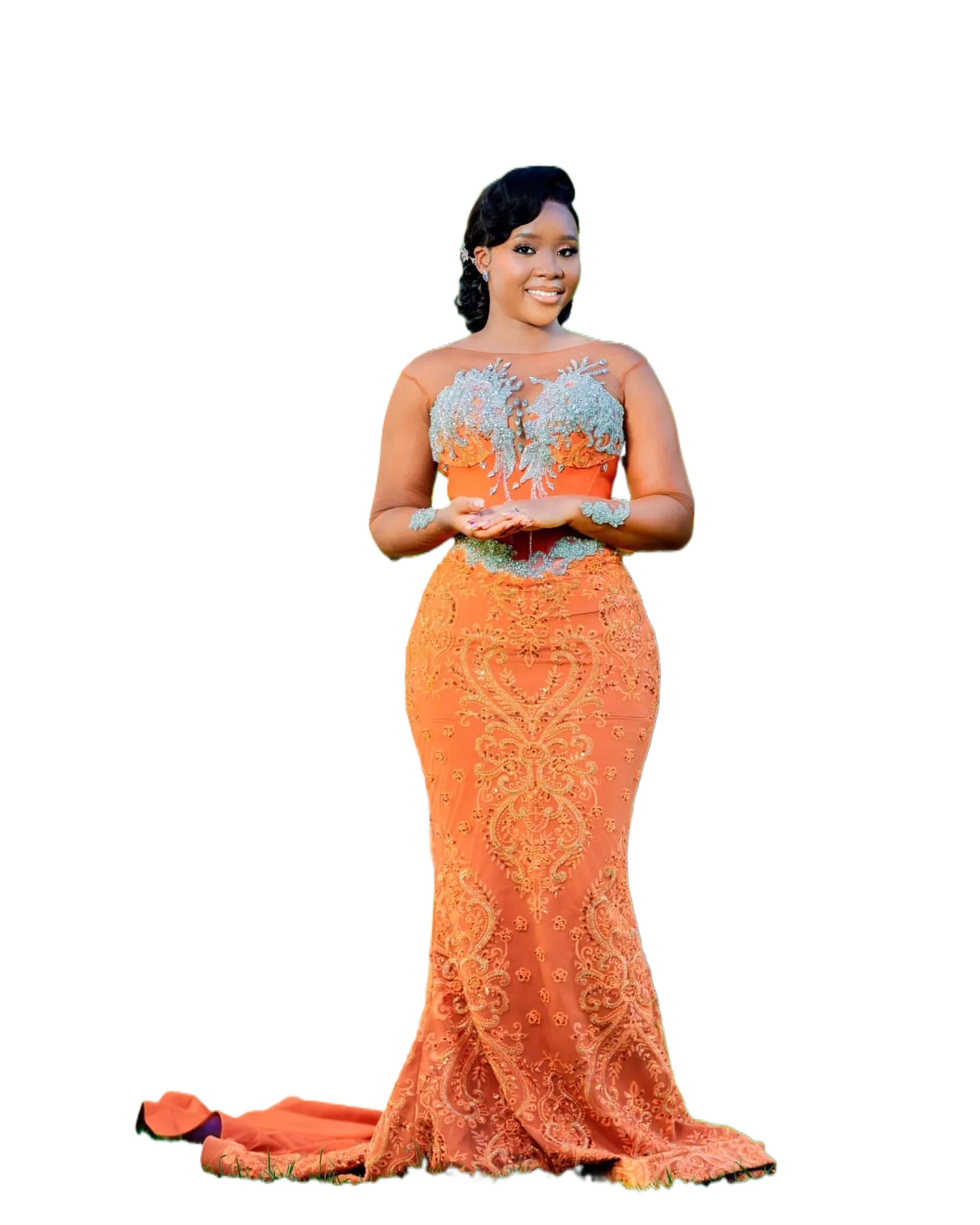 2026 Plus Size Orange Mermaid Prom Dress Lacefull Promdress Full Sleeves Crystals Evening Formal Party Second Reception Birthday Engagement Gowns Dres