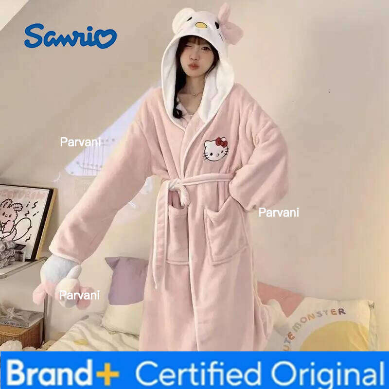 Sanrio New Hello Kitty Nightgown Cartoon Cute My Melody Kuromi Cinnamoroll Thick Absorbent Quick-Drying Long Adult Bathrobe Pajama H2601301