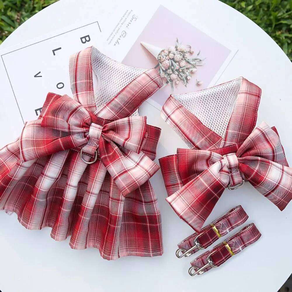Reusable with Leash Traction Plaid JK Dress Thin Dacron Pet Harness Comfortable Washable Dog Bow Skirt Cat H260129