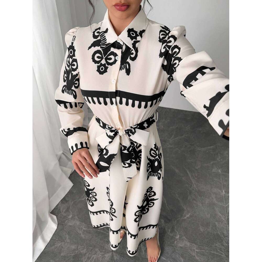 Women's Spring Summer White Black Dresses Retro Ethnic Print Shirt Collar Long Sleeve Tie Waist Midi Dress Elegant Casual Style XJ260130
