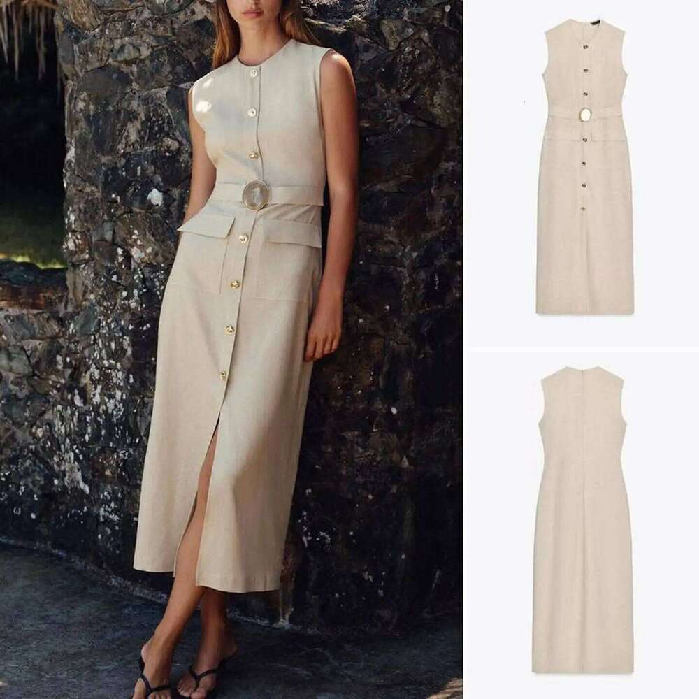 Elegant Linen Blend Belted Sleeveless Midi for Women Office Workwear Summer Vest Dress XJ260130