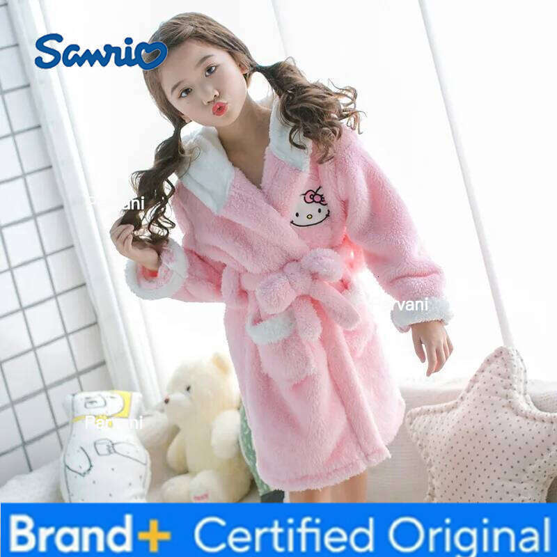 Sanrio Y2K Kawaii Hello Kitty Pajamas Girls Nightgown Children's Autumn and Winter Hooded Bathrobe Casual Tops Home Clothing Set H260130