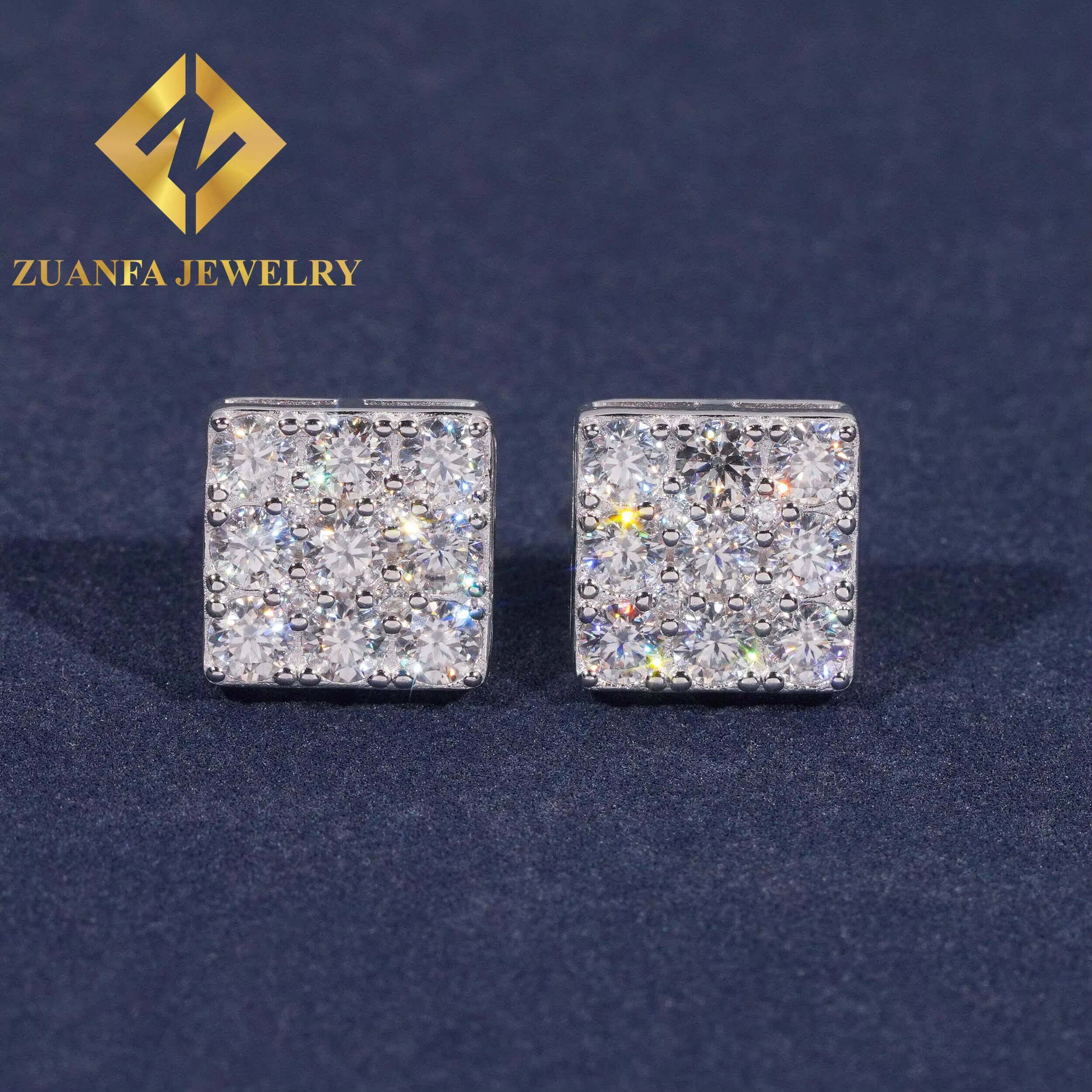Wholesale Price Hip Hop Square Shape Stud Earring 925 Sterling Silver VVS Moissanite Stud Earring
