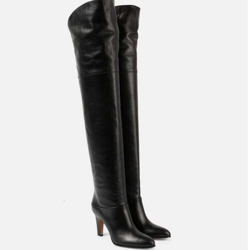 European American Simple and Versatile High Heels Over The Knee Sleeve Leather Boots, Women's Large Round Knight Boots - view 4