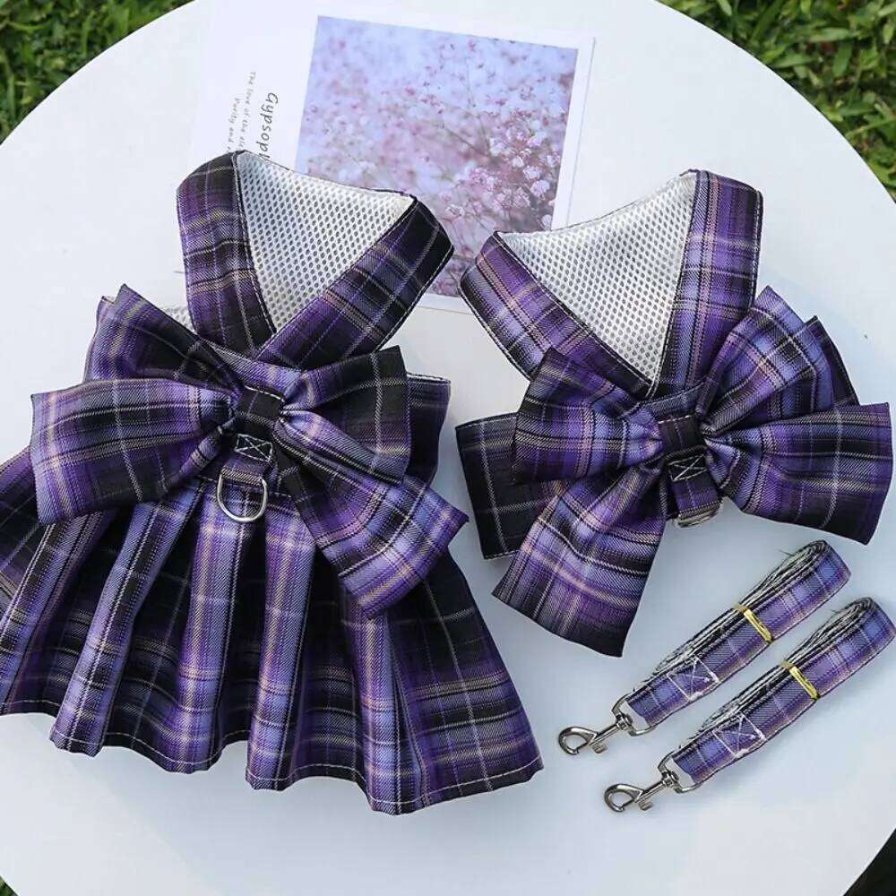 Practical with Leash Traction Dog Plaid JK Dress Comfortable Dacron Harness Skirt Adjustable Thin Pet Vest Clothes Rabbit H260129