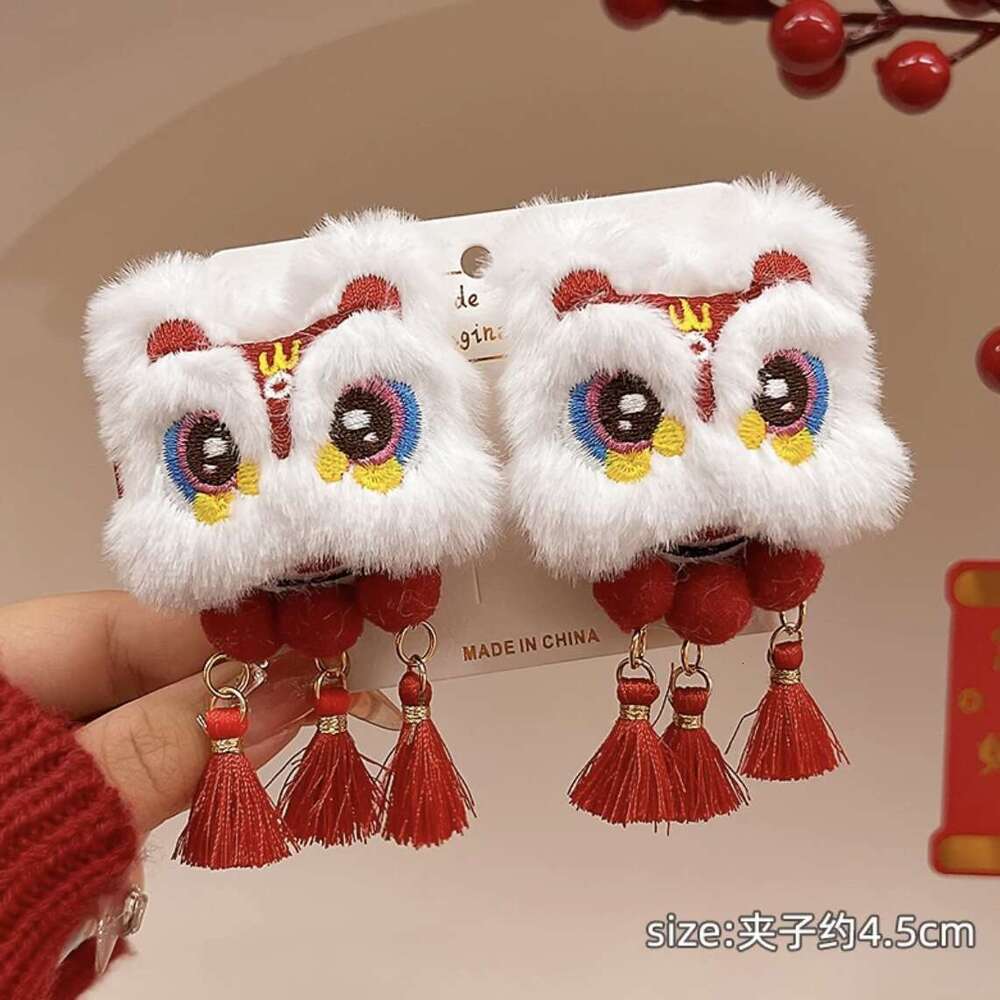 New Year Lion Dance Tassel Girls Duckbill For Children Double Bun Side Bang Clip Hair Accessory Yuansiqi