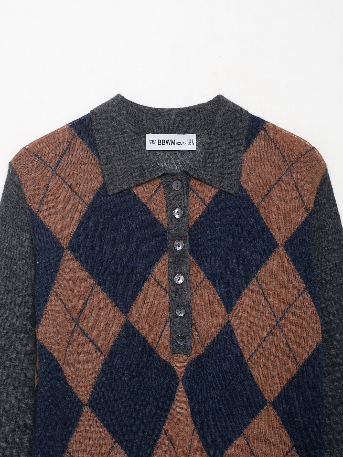 Argyle Plaid Front Button Knitted Pullover Sweater Vintage Lapel Neck Long Sleeves Female Chic Lady Tops