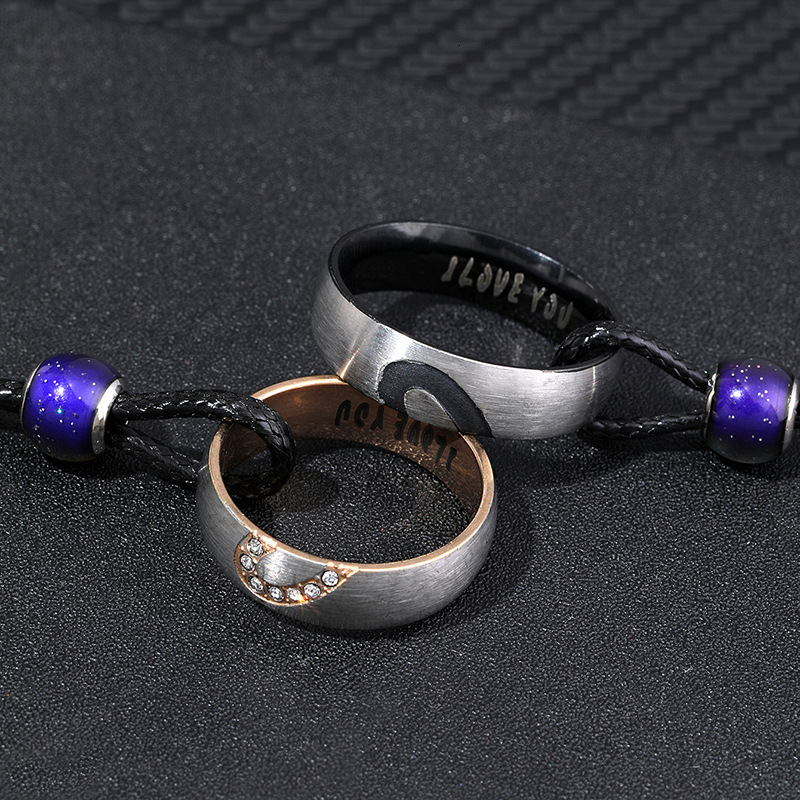 Exclusive Creative New Color-Changing Round Bead Half Peach Heart Black Rose Gold Inlaid Diamond Couple Rings Necklace