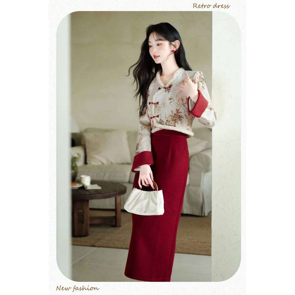 Mardi Hefxessdr Qipao Jacket Coat Embroidered V neck Red Short Skirt New Year s Women Outfits Traditional Chinese Clothing