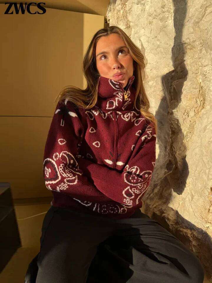 Designer Clothes Knitted Stand Collar Zippers Cardigan Women S Casual Printed Full Sleeve Sweaters Spring New Female Fashion Knitwear WONST