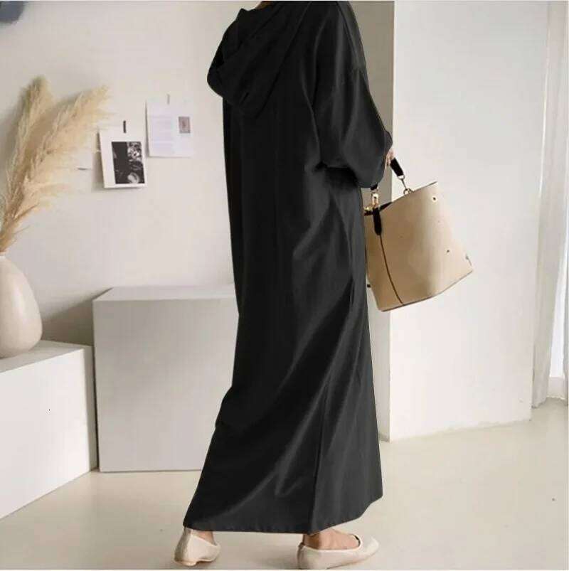 Autumn Women's 2024 New Fashion Simple Retro Dress Sweatshirt Winter Long Sleeve Pocket Solid Hooded Robe XJ260130