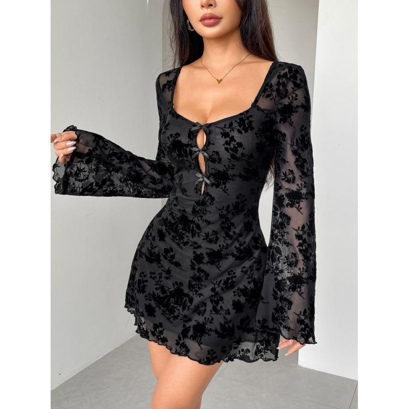 Luxury Brand Designer Clothes European And American 2025 Autumn Dress New Flocked Long Sleeve Floral Hollow Bow Women's Clothing