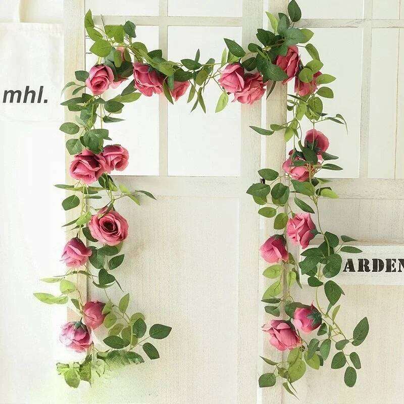225cm Artificial 10-head Wall Hanging Simulating Evergreen Green Plants Garden Wedding Rose Flowers Vine Decor W260130