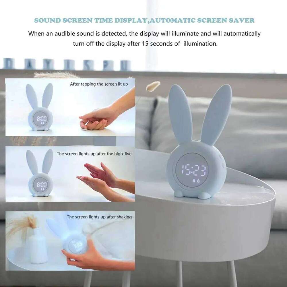 Bunny Ear Digital Alarm Electronic LED Display Sound Control Cute Rabbit Night Lamp Snooze Desk Clock Home Decoration W260130
