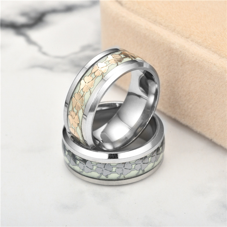 Fashion Luminous Titanium Four-Leaf Clover Ring Personality Fluorescent Stainless Steel Jewelry Source Manufacturer