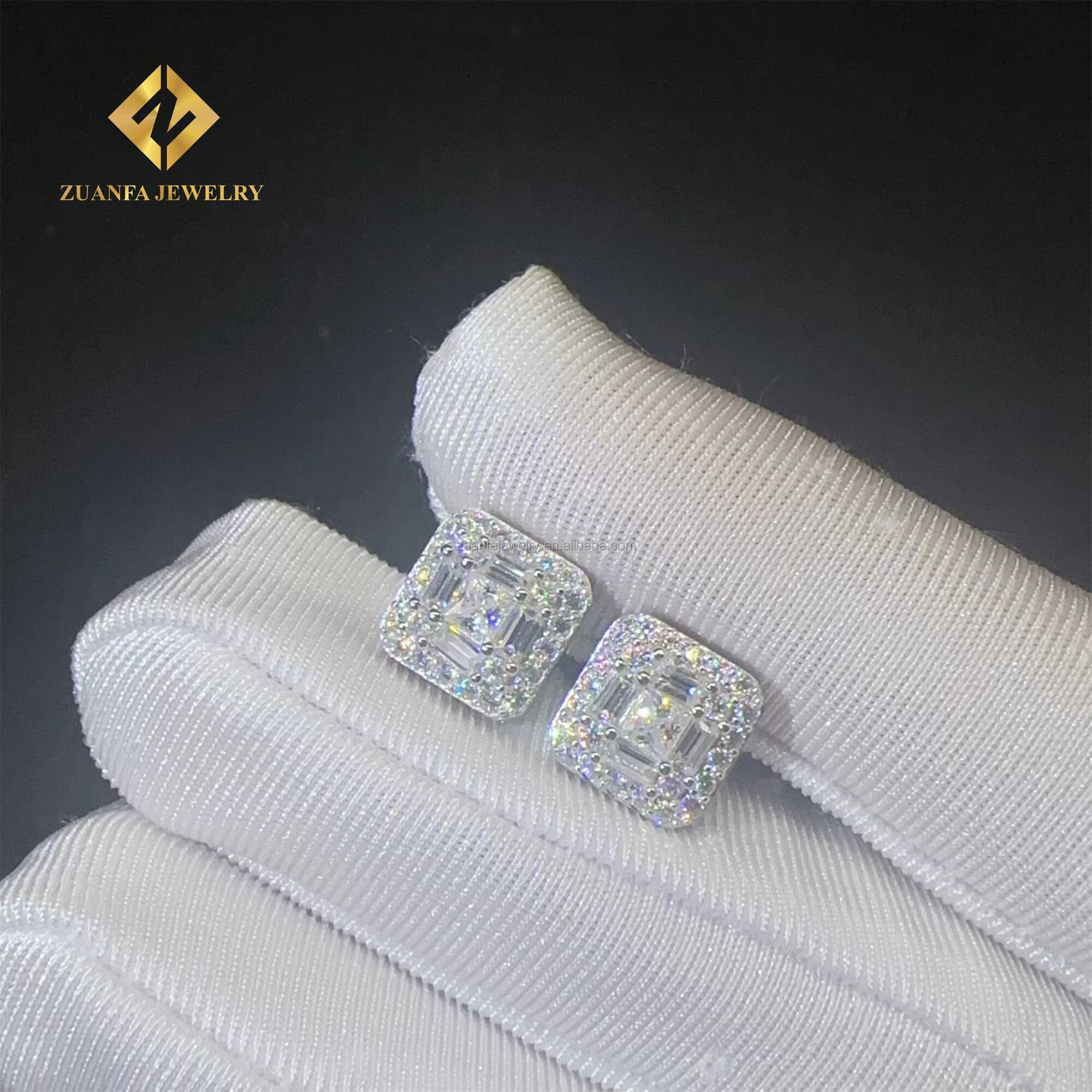 Pass Diamond Tester 925 Silver Rhodium Plated Hip Hop Earring Jewelry Iced Out Baguette Moissanite Diamond Men Stud Earrings