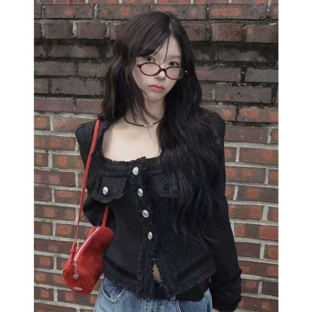ZHE HAN Cropped Tweed Jacket Women Vintage Tassel Patchwork Black Coats Autumn Korean Elegant Square Collar Long Sleeve Outerwears