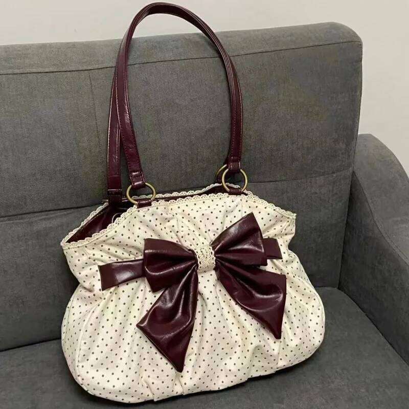 Polka Dot Bows Vintage Handbag Patchwork Y2k Shoulder High Capacity Casual Underarm White Lace Chic Commuter Women's Bag Z260130