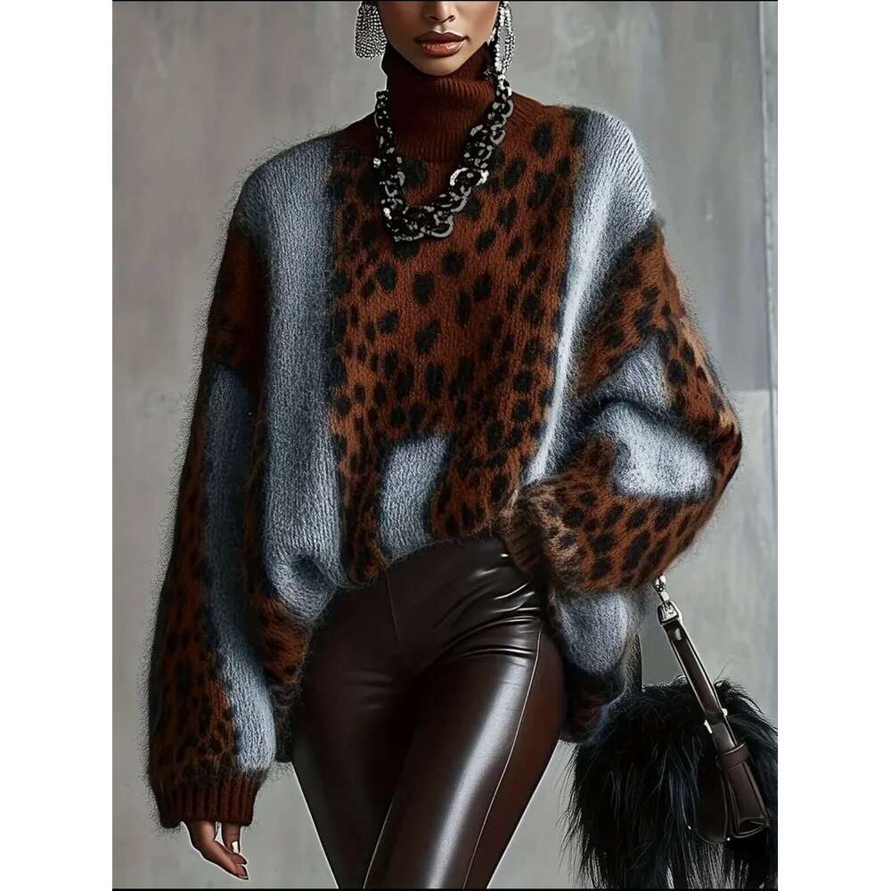 European American Cross-Border Lazy Style Leopard Print Knitted Sweater Women, Autumn and Winter Thickened Loose Vintage Patchwork Top for Women