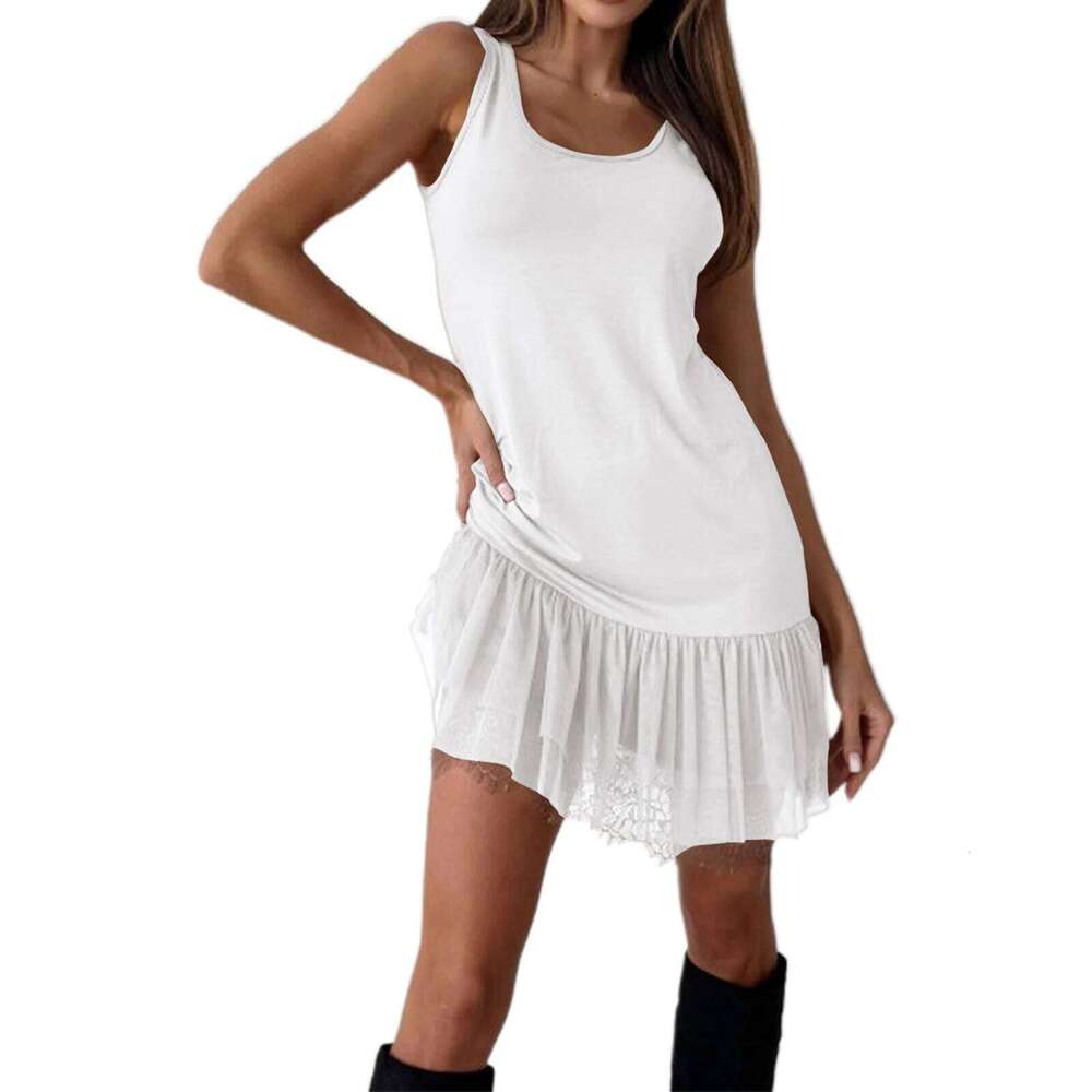 Women Casual Sleeveless Lady Solid Color Lace Hem Design Splicing Daily Outdoor Holiday Party Comfortable Dress XJ260130