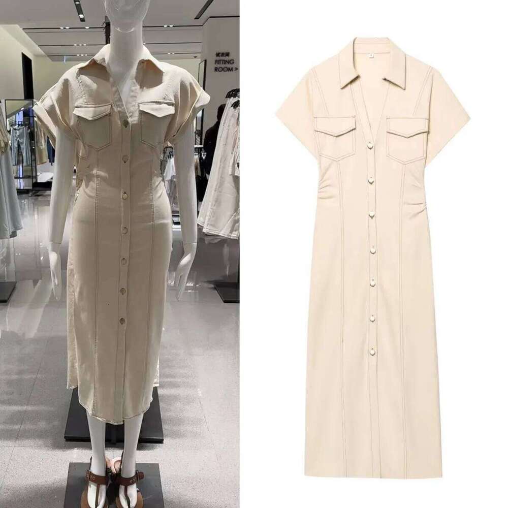 ETJ 2025 summer new women's elegant fashion waist pleated V-neck short-sleeved temperament denim MIDI dress XJ260130