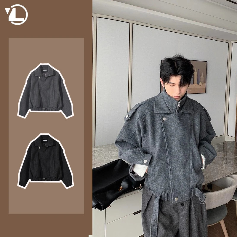 Autumn Winter Short Woolen Coats Men Cotton Clips Fake Two Pieces Stand Collar Simple Parkas Irregular n Thickening Jackets 260122