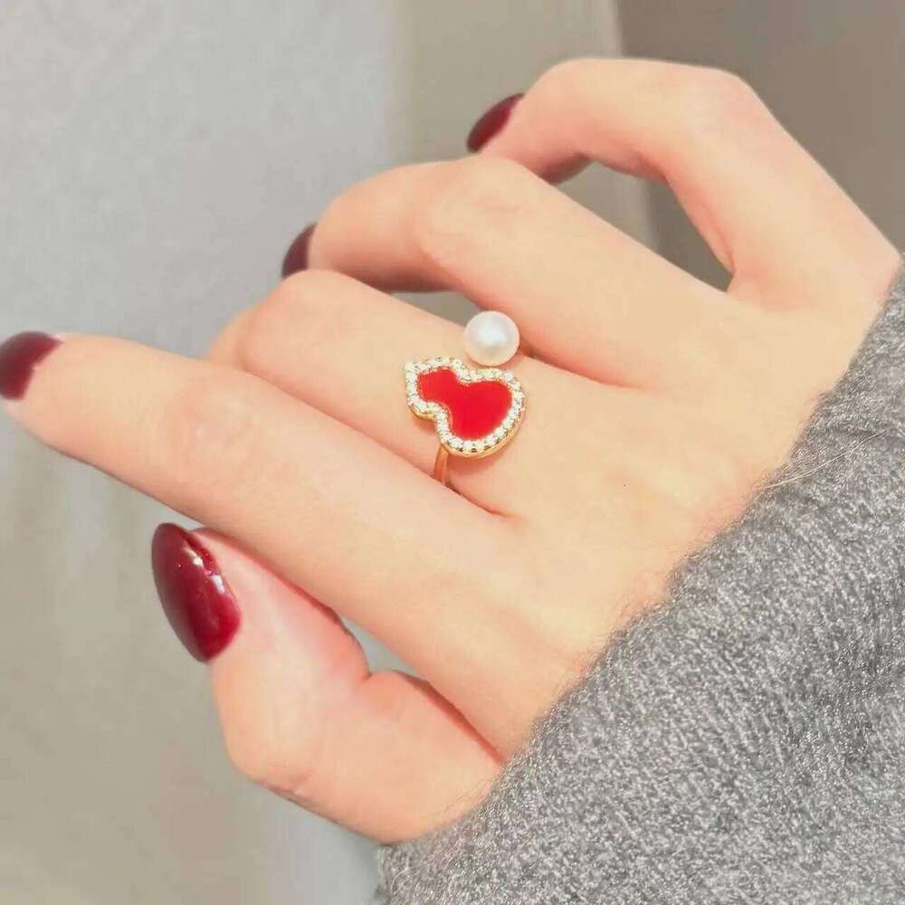High-Quality Natural Freshwater Pearl 14K Gold-Plated Red Gourd Fu Lu Ring Celebratory Jewelry for New Year