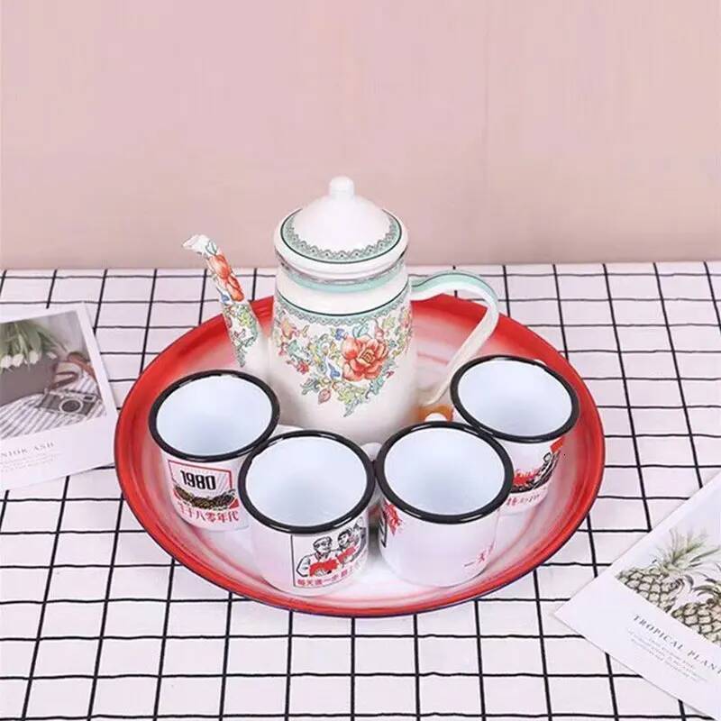 18/25/35/40cm Vintage Enamel Snack Serving Plate Chinese Traditional Round Tea Tray Wedding Party New Year Decor Tableware ddmydog