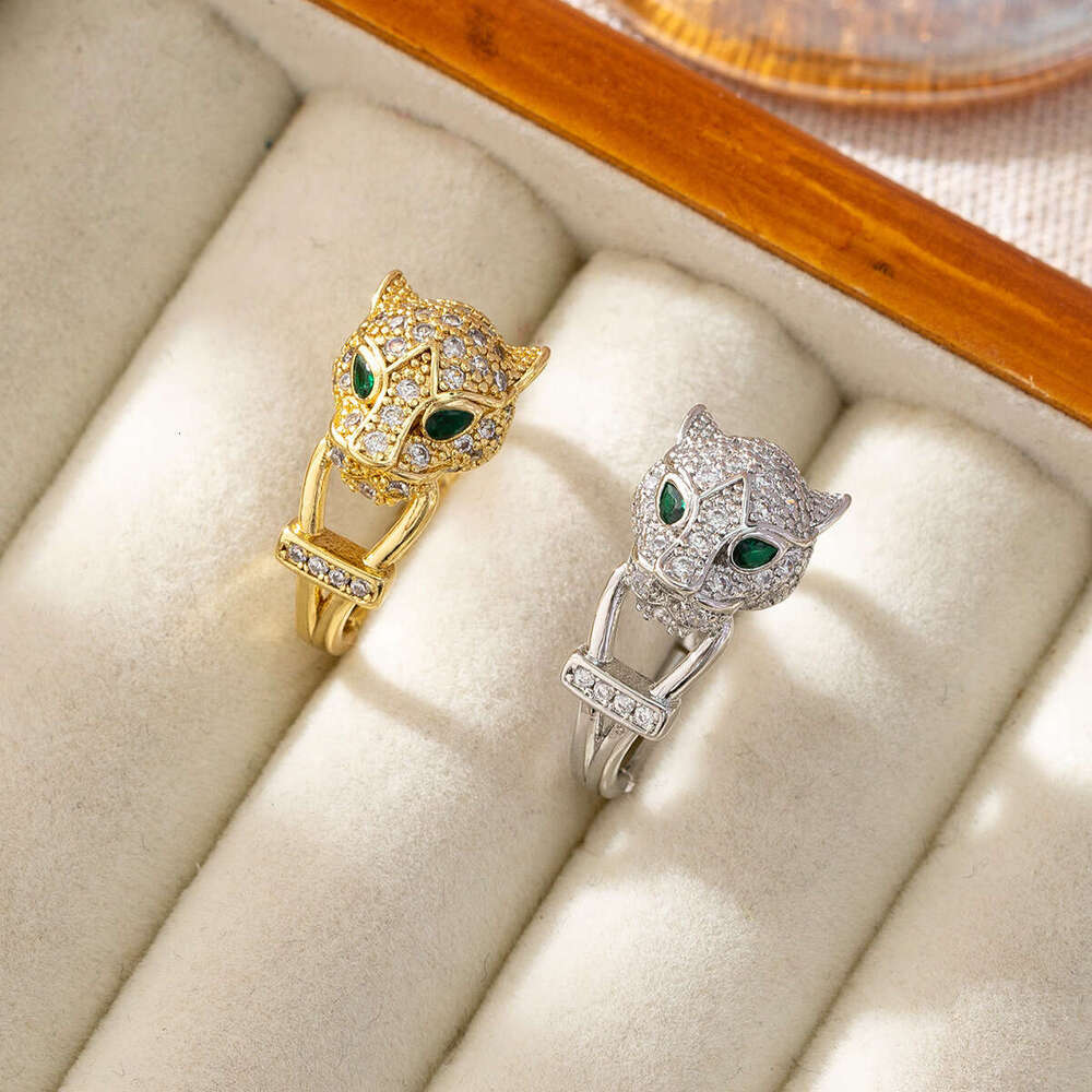 Zircon Fashion Leopard Head Ring Brass-Plated Gold Open Ring Unisex Hip-Hop Style Ring Hand Accessory