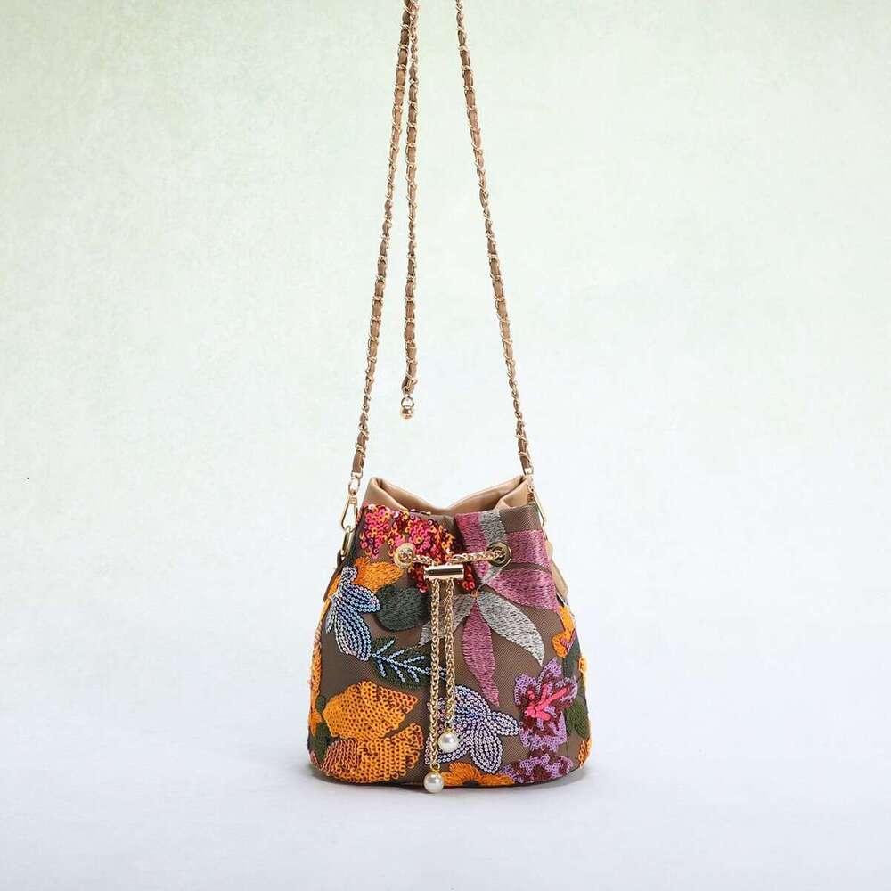 Women's New Chinese Style Flower Embroidery Sequin Mesh Patchwork Color-Block Trendy Elegant Ladies Drawstring Chain Bucket Handbag Shoulder Bag