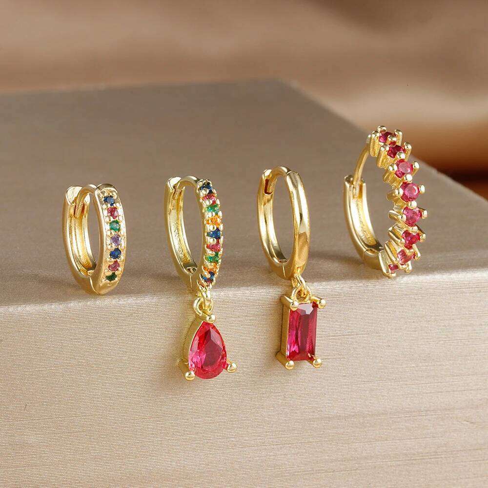 4PCS Colorful Cubic Zirconia Stainless Steel Hoop Earrings Set for Women Pendant Water Drop Earring Cartilage Piercing Jewelry