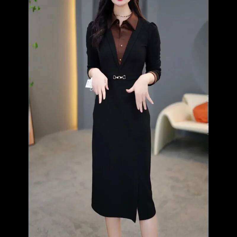 Fashionable Temperament Autumn New Waist Slim Splicing Elegant Dress Mid-length Skirt XJ260130