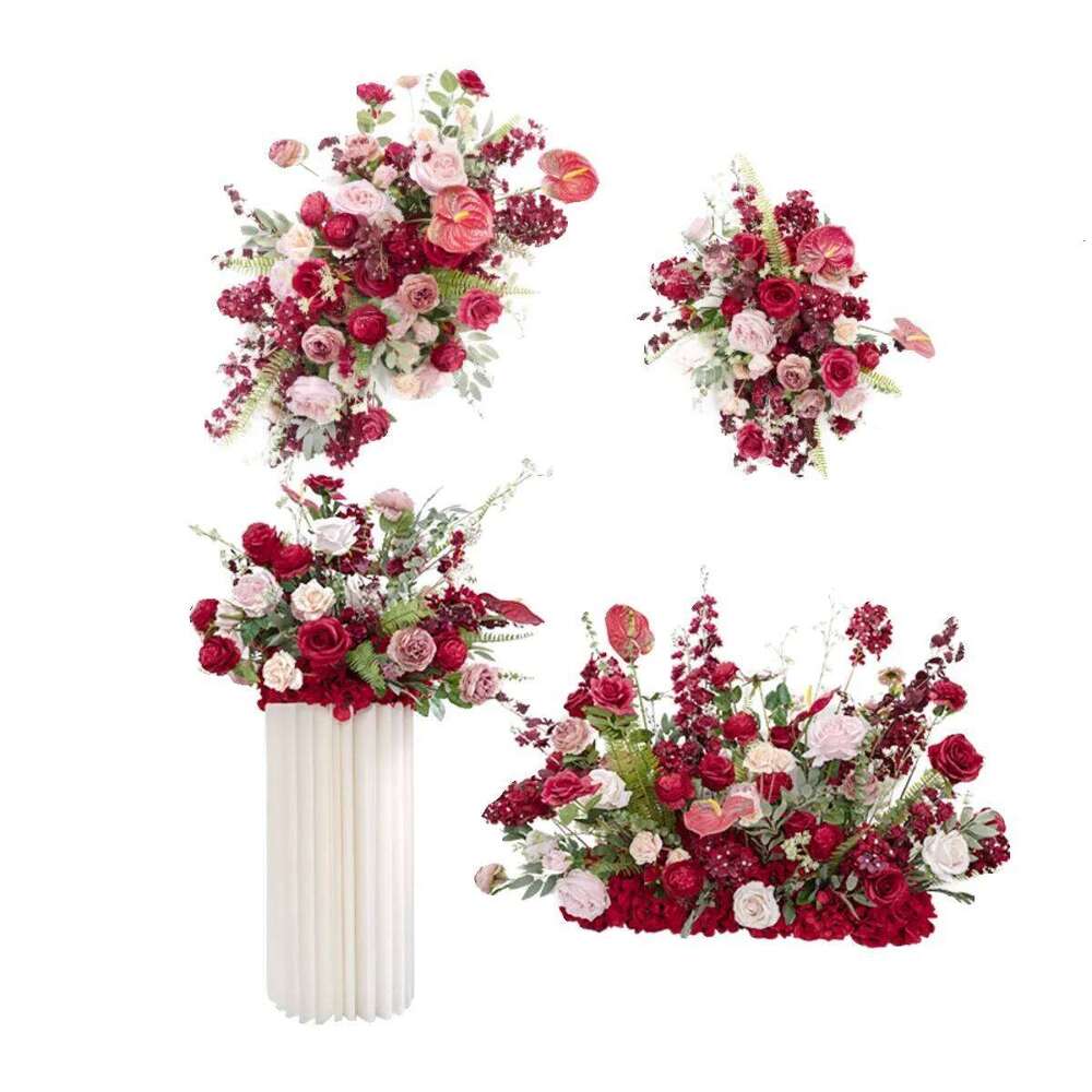 Red Wedding Arch Backdrop Decor Artificial Flower Row Arrangement Hanging Corner Flowers Party Table Centerpiece Floral Ball W260130