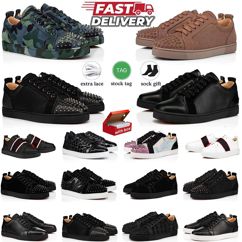 2026 NEW Luxury Designer Red Bottoms Dress Shoes Men Women Casual Sneakers Glitter Grey Rivets Leather Suede Camo Spikes Office Career Wedding Trainers