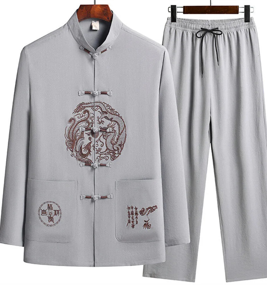 Male printing Chinese style long sleeves shirts trouser 100 Cotton Silk fabric Sportswear Mens Casual Sets Shirts Pants260130