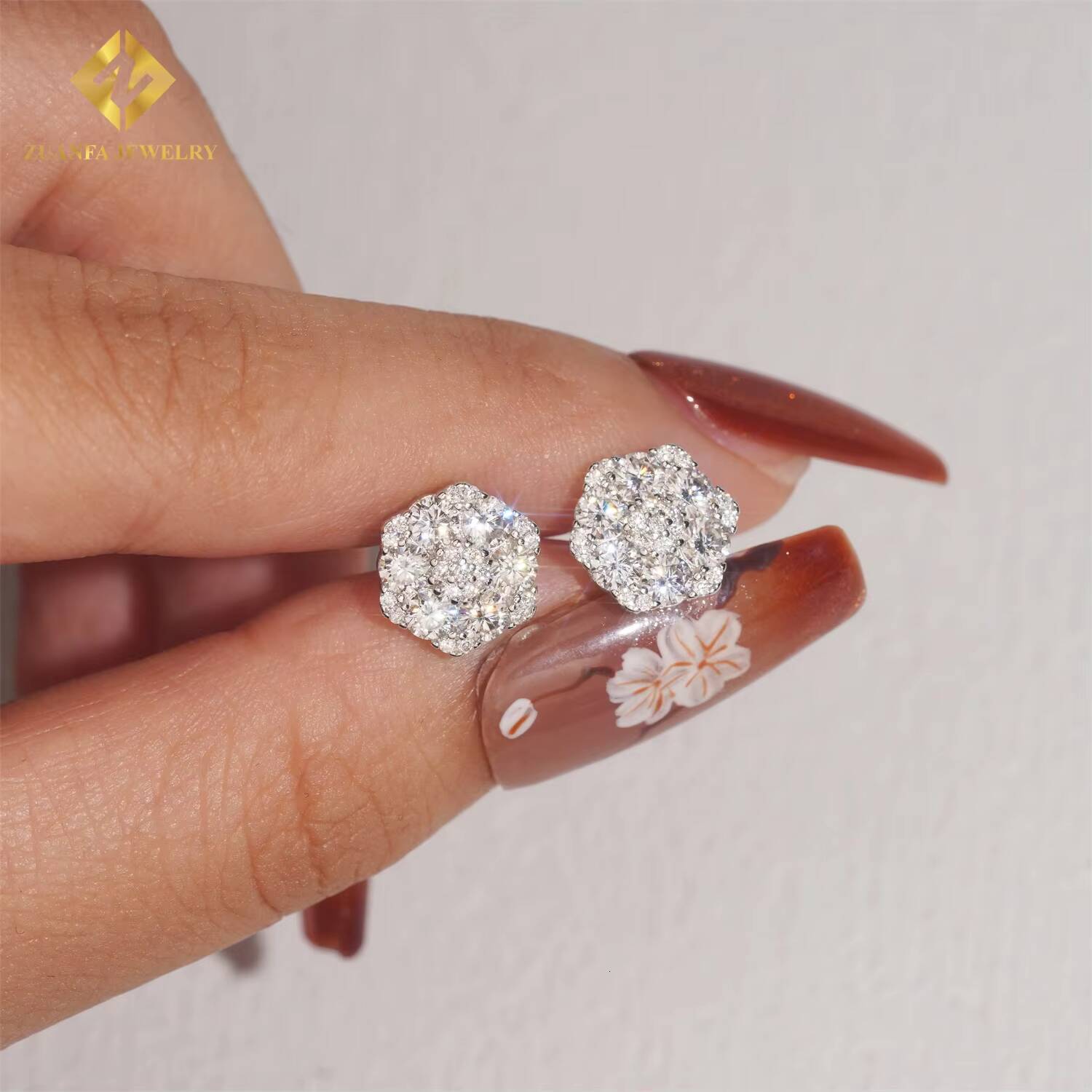 Fashion Jewelry VVS Iced Out Moissanite Earrings Flower Hip Hop Fashion Stud Earring 925 Sterling Silver VVS