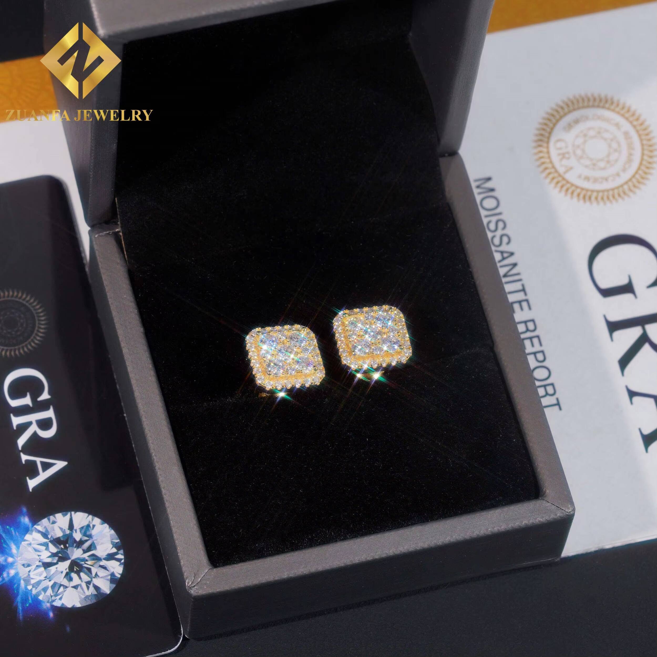 Square Shape VVS Moissanite Stud Earrings 925 Silver Gold Plated Stud Earring Fine Hip HOP Jewelry Men Women