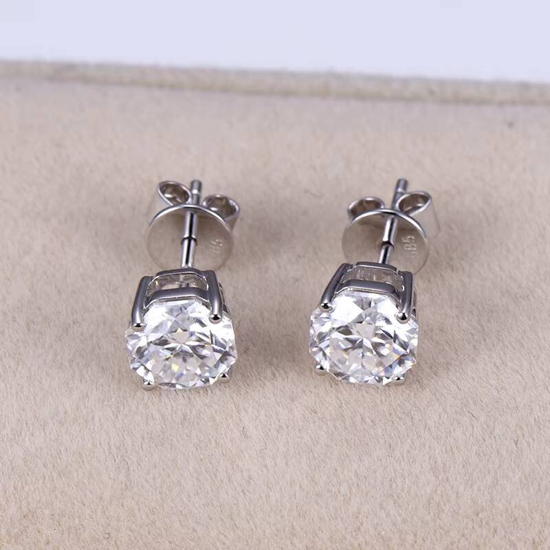 Messi Jewelry MSE-591 14K Solid Yellow Gold D VVS1 Moissanite ROUND Out Stud Earrings Women Jewelry