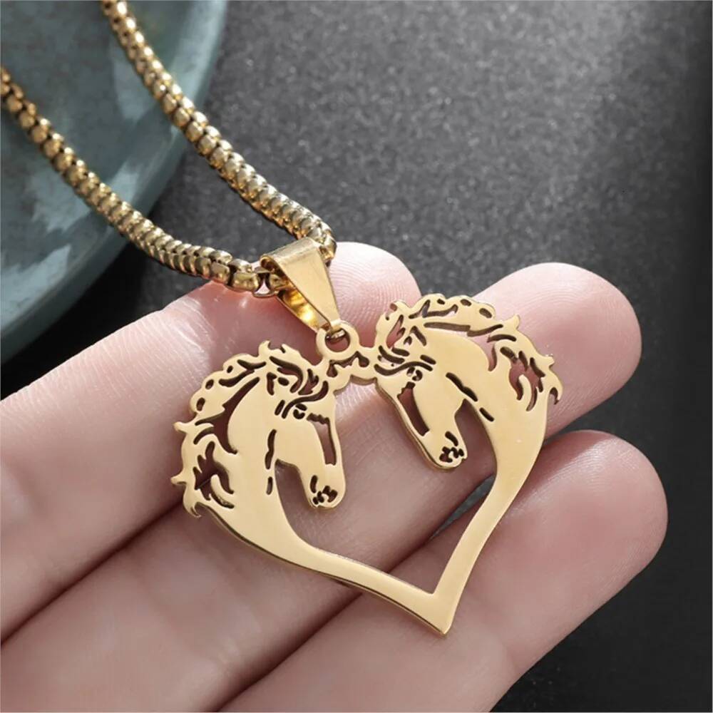 Hiphop Hollowed Out Horses Pendant Necklace For Men Women Rock Punk Gold Color Stainless Steel Box Neck Chain Jewelry Gifts