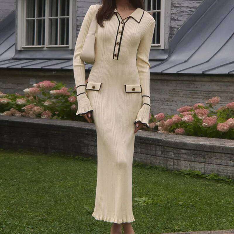 Ruffled Knitted Scallop Women's Autumn Winter Elegant Demeanor Sweater Turn Down Collar Slim Half Button Mid Length Dress XJ260130