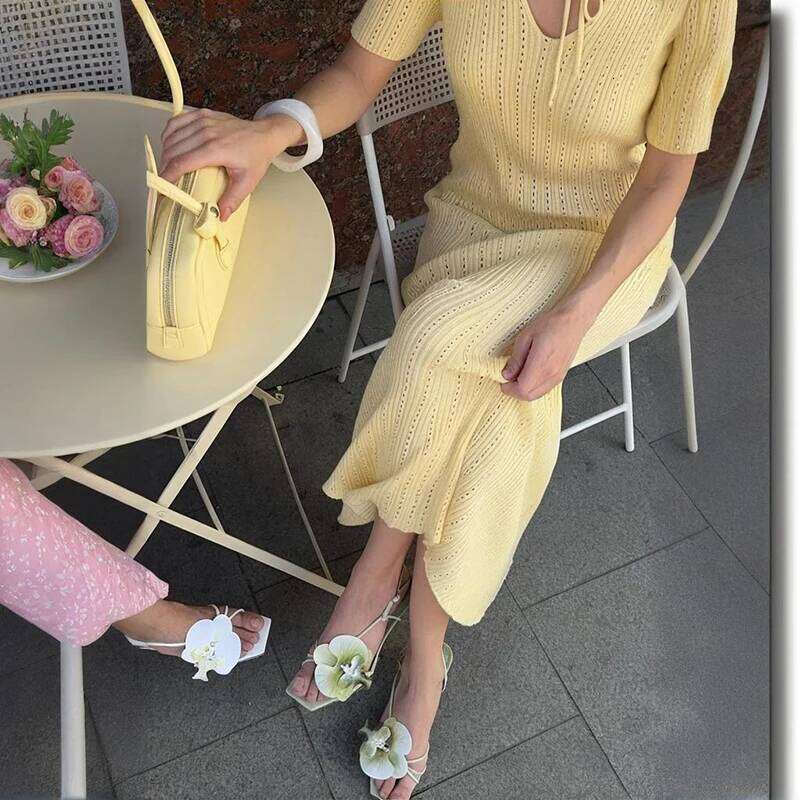 Knitted Long Female Short Sleeve Slim Hollow Retro Elegant Sweater 2025 Summer High Waist Woman Dress XJ260130