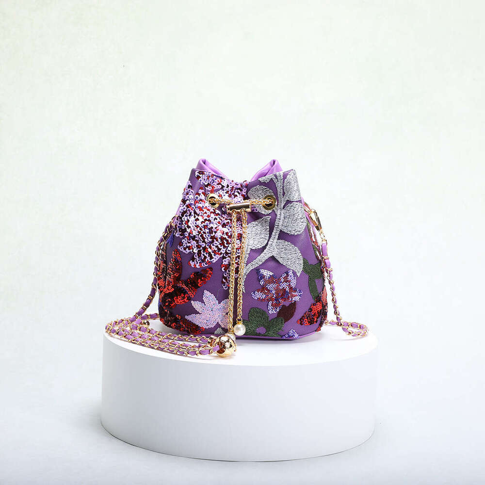 Women's New Chinese Style Flower Embroidery Sequin Mesh Patchwork Color-Block Trendy Elegant Ladies Drawstring Chain Bucket Handbag Shoulder Bag