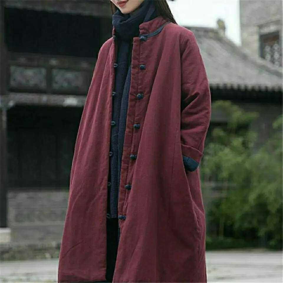 Mardi Hefxessdr winter new vintage stand collar chinese style pan buckle long thicked jacket cotton linen loose padded coat s