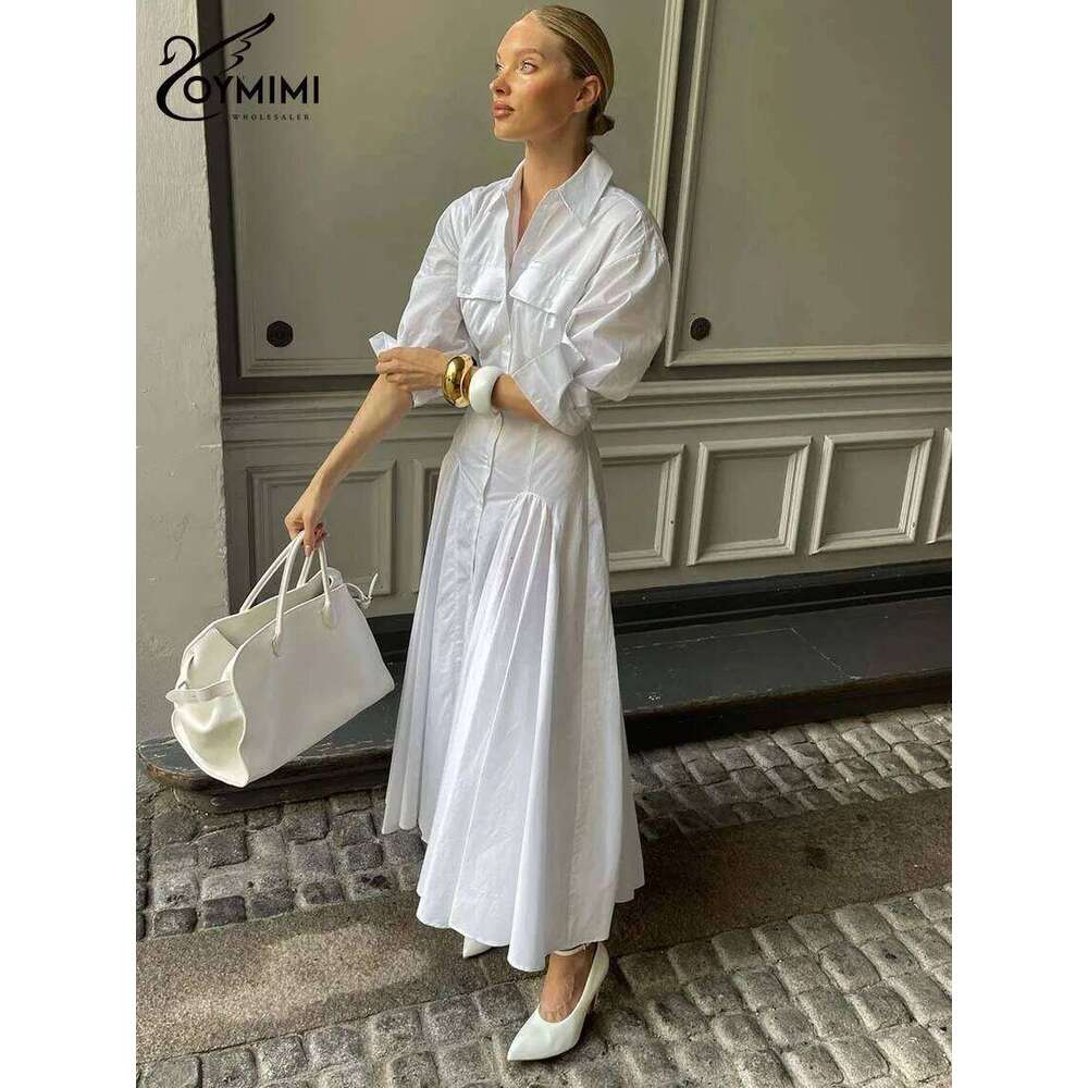 Oymimi Elegant White Lapel Women's Dress Fashion Three Quarter Sleeve Pockets Casual Button Pleated Ankle-Length Dresses XJ260130